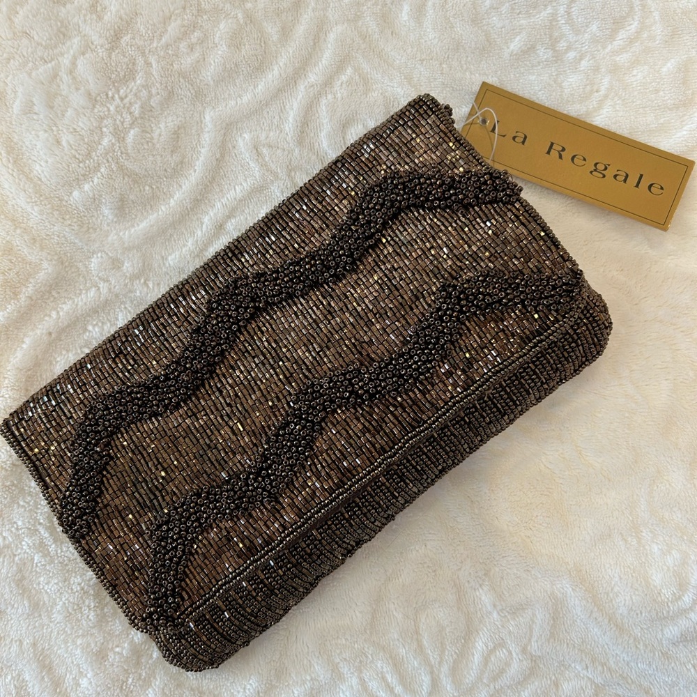 La Regale Mocha Brown Beaded Evening Bag NWT